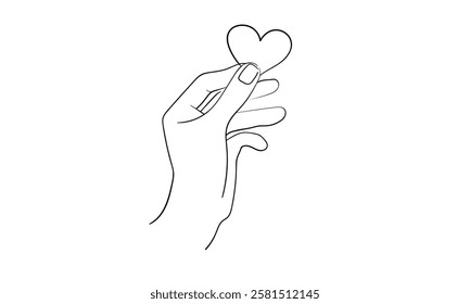 Human left arm holding litlle heart line continuous drawn. Hand hold heart in line style. Charity, help, humanity, orphanhood. Vector illustration isolated on white background.