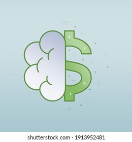 Human left brain with shining dollar sign on the right as a gimmick of aptitude for business. Vector illustration outline flat design style.