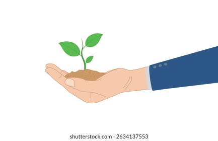 Human left hand holding  a seedling tree with soil. Vector Flat Illustration.