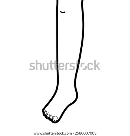 Human left leg in outline isolated on white background. Learning body parts black and white element for kids. Front side. Vector illustration