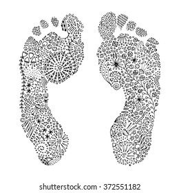 Human left and right barefoot footprints. Complicated hand drawn tangled black pigment liner design. Adult coloring page for print and books. Stress relieving activity. Vector EPS 10