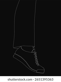 A human leg in black and white line art wears stylish sneakers against a dark background. The minimalist drawing has an edgy, mysterious vibe with clean lines and strong contrast.