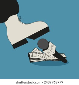 Human leg crush Freedom Speech symbol. Ministry of Truth concept. Art with tv and newspaper under boots. Vector illustration can used web design poster flyer print. EPS 10 Editable stroke