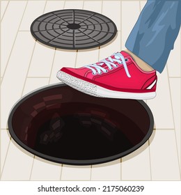 Human leg on open manhole. Man step in city sewer hole. Business risks, accident, pedestrian safety and insurance concept. Careless men with sneakers ignoring exposed manhole or hole on ground. Vector