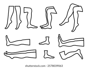 Human leg pose icon set. Line style collection. Line thin editable stroke. For animation graphic, mobile, web, app. Vector illustration