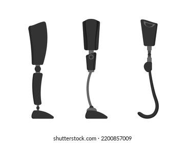 Human Leg Prostheses Set. Modern Black Upper Limb Replacements With Bionic Sensors For Comfortable Living And Vector Sports