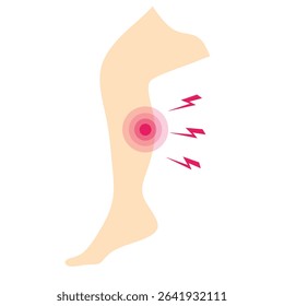 Human leg with red pain target and lightning symbol. Muscle injury or cramp flat vector illustration for healthcare, anatomy use, medical, therapy, physiotherapy, and health-related concepts.