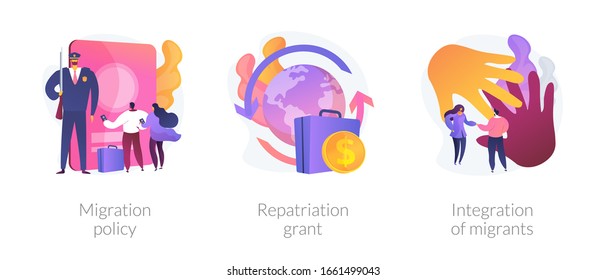 Human legal migration metaphors. Repatriation grant, integration of migrants, immigration policy. Moving to abroad, returning to homeland abstract concept vector illustration set.