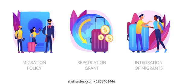 Human legal migration metaphors. Repatriation grant, integration of migrants, immigration policy. Moving to abroad, returning to homeland abstract concept vector illustration set.