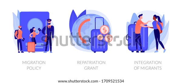 Human\
legal migration metaphors. Repatriation grant, integration of\
migrants, immigration policy. Moving to abroad, returning to\
homeland abstract concept vector illustration\
set.