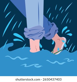 Human legs with blue pants and sandal walking through flood rain water. Simple flat cartoon art styled colorful drawing isolated on square background.