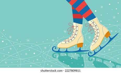 Human legs in figure skates on ice. Winter fun. Banner with copy space. Vector stock illustration.