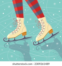 Human legs in figure skates on ice. Figure skating. Winter sports fun. Vector stock illustration.