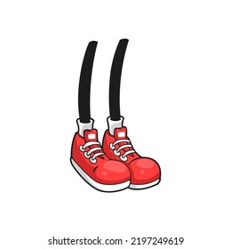 Human legs in red sportive skaters isolated comic flat cartoon foots. Vector urban teenager style footwear, running jogging shoes of kid character. Rubber boots with laces and white rubber toe