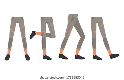 Human Legs in Ripped Jeans and Shoes in Various Poses Set, Male or Female Body Part, Constructor for Animation Cartoon Style Vector Illustration