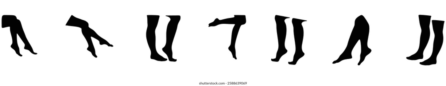 Human legs silhouette in various positions, black leg, feet, foot, vector on white background, movement, postures, standing, bending, simple leg style, vector