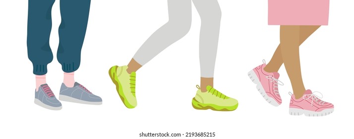 Piernas humanas con zapatillas y ropa cómoda. Calzado para actividades deportivas y para caminar. Corriendo zapatos cómodos. Personas usando diferentes zapatos deportivos. Vector plano aislado en fondo blanco