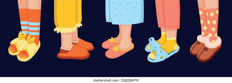 Patas humanas en zapatillas de casa blanda de diferente estilo y color conjunto plano aislado contra ilustración vectorial de fondo negro