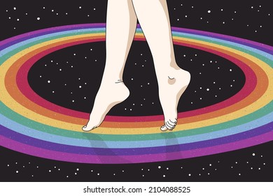 Human legs walking. Rainbow in space. Starry sky. Romantic LGBT poster