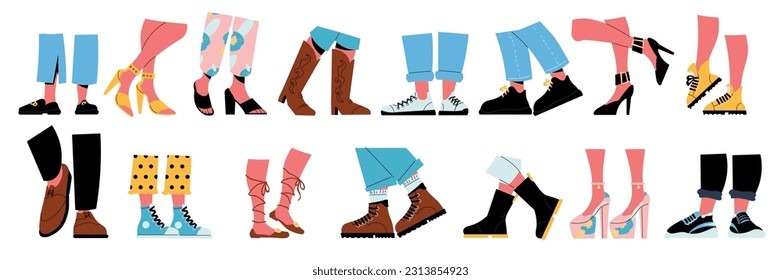 Human legs wearing shoes and boots in different styles flat set isolated vector illustration