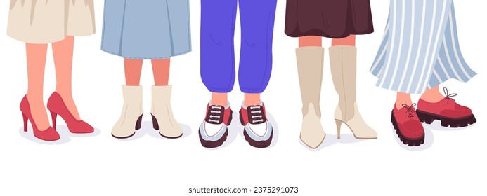 Human legs wearing shoes. Cartoon people wear casual boots, leather loafers and sneakers, trendy male and female outfits. Fashion footwear flat vector illustration set