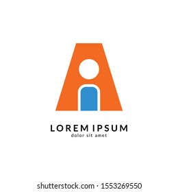 Human Letter A Logo Design. Initial Letter Combination With People Logo Concept. Unique Lettermark Symbol