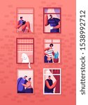 Human Life Concept. Outer Wall of House with Different People and Cat at Windows. Happy Men and Women Look Out of Apartments Drink Tea, Hugging, Watering Plant, Read. Cartoon Flat Vector Illustration