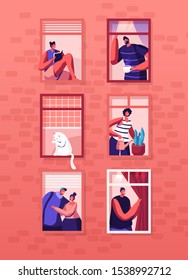 Human Life Concept. Outer Wall of House with Different People and Cat at Windows. Happy Men and Women Look Out of Apartments Drink Tea, Hugging, Watering Plant, Read. Cartoon Flat Vector Illustration