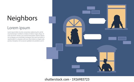 Human Life Concept. Outer Wall of House with Different People and Cat at Windows. Loud Neighbors Noise Night Windows