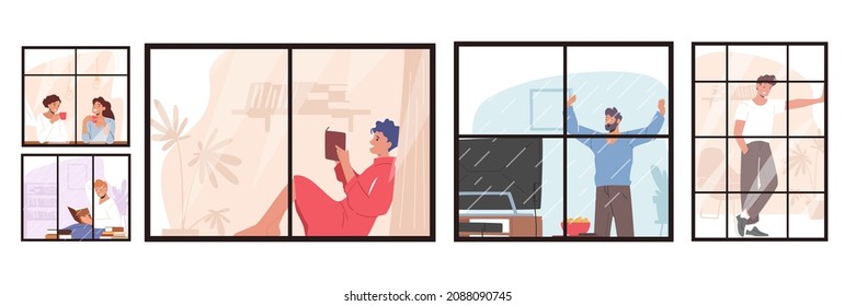 Human Life Concept. Outer Wall of House with Different People at Windows. Happy Men and Women Characters Look Out of Apartments Drink Tea or Coffee, Reading. Cartoon People Vector Illustration