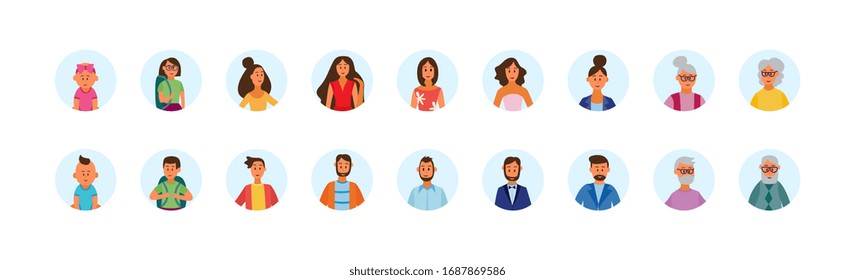 Human life cycle from childhood to elderly avatars set, vector illustration isolated on white background. Male and female characters in age-related changes.