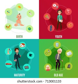 Human life cycle concept including birth, youth, maturity and old age on colorful background isolated vector illustration 