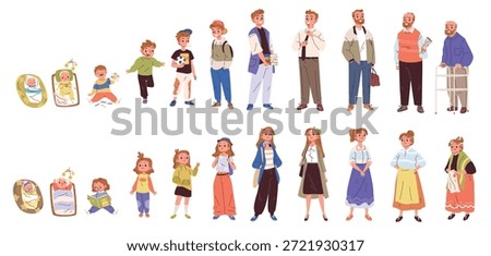 Human life cycle. Different ages people, man woman growth stages newborn to old young adult generation lifetime age process person development characters classy vector illustration