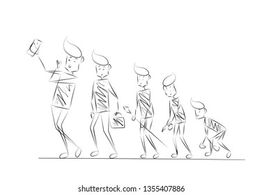 Human life cycle at different centuries, Cartoon Line Art Vector illustration.