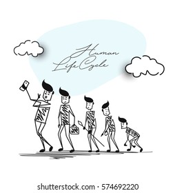 Human life cycle at different centuries, Cartoon Hand Drawn Sketch Vector illustration.