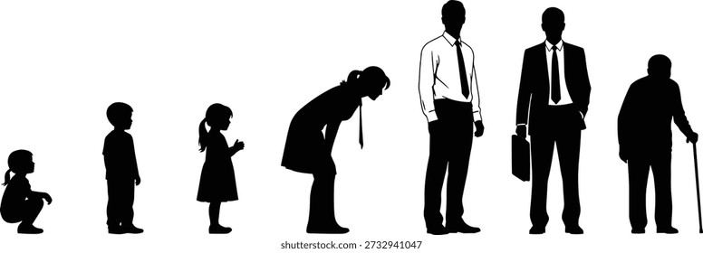 Estágios de evolução do ciclo de vida humano, silhueta de pessoas que crescem de criança para adulto e velhice, ilustração vetorial, design de conceito de processo de envelhecimento.