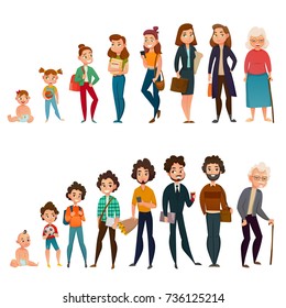 Human Life Cycle Male And Female Set With Childhood, School Time, Maturity And Aging Isolated Vector Illustration