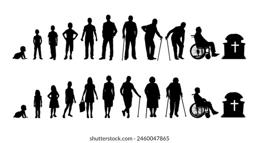 Human life cycle stages from birth to death vector silhouettes set. Human aging process stages infographic silhouettes.	