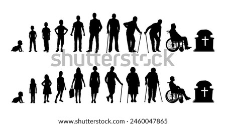 Human life cycle stages from birth to death vector silhouettes set. Human aging process stages infographic silhouettes.	