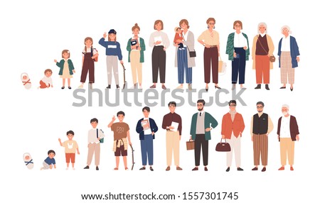 Human life cycles vector illustration. Male and female growing up and aging. Men and women of different ages cartoon characters. Children, adult and old people isolated on white background.
