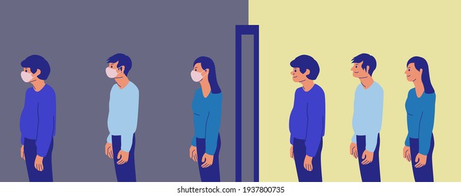 Human life during the coronavirus pandemic. The transition from normal life to a new reality. Line of masked people keeping their distance. Society before and after covid-19. Vector illustration