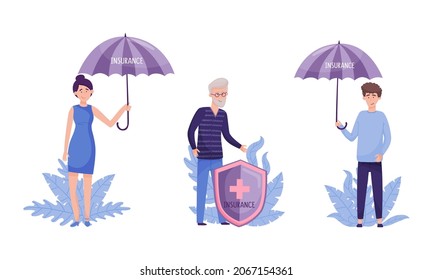 Human life and health insurance set. Umbrella over people protecting them against accidents flat vector illustration