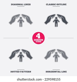 Human life insurance sign icon. Hands protect man symbol. Health insurance. Diagonal and horizontal lines, classic outline, dotted texture. Pattern design icons.  Vector