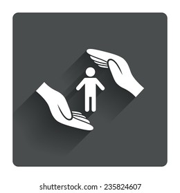 Human life insurance sign icon. Hands protect man symbol. Health insurance. Gray flat square button with shadow. Modern UI website navigation. Vector