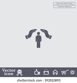 Human life insurance sign icon. Hands protect man symbol.