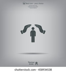 Human life insurance sign icon. Hands protect man symbol.