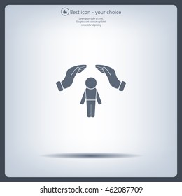 Human life insurance sign icon. Hands protect man symbol. Health insurance. 