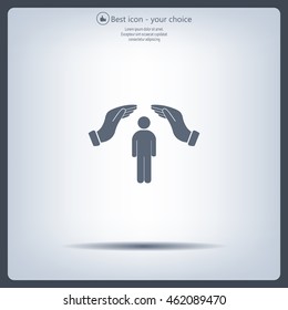 Human life insurance sign icon. Hands protect man symbol.
