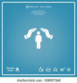 Human life insurance sign icon. Hands protect man symbol.