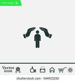 Human life insurance sign icon. Hands protect man symbol.